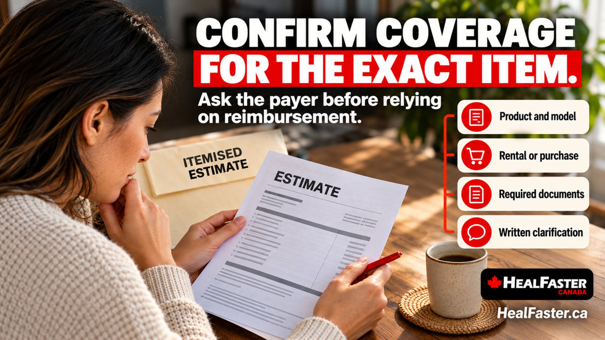 How to Check Insurance Coverage for Recovery Equipment in Canada — HealFaster Canada hero graphic