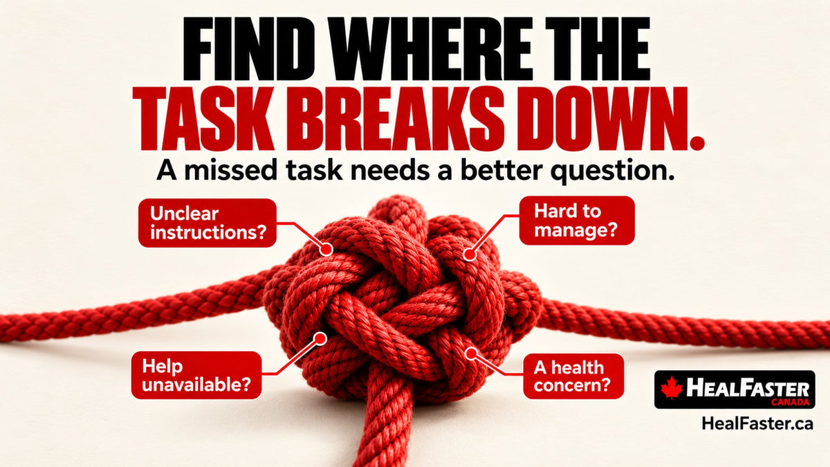 Finding the Actual Barrier When a Recovery Task Is Not Happening — HealFaster Canada hero graphic